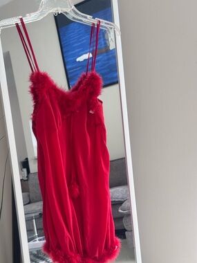 Red Feather Trim Lingerie Slip Dress Size Large Satin Babydoll